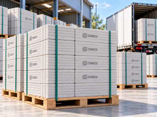 Conecc grooved AAC blocks stacked on pallets for delivery